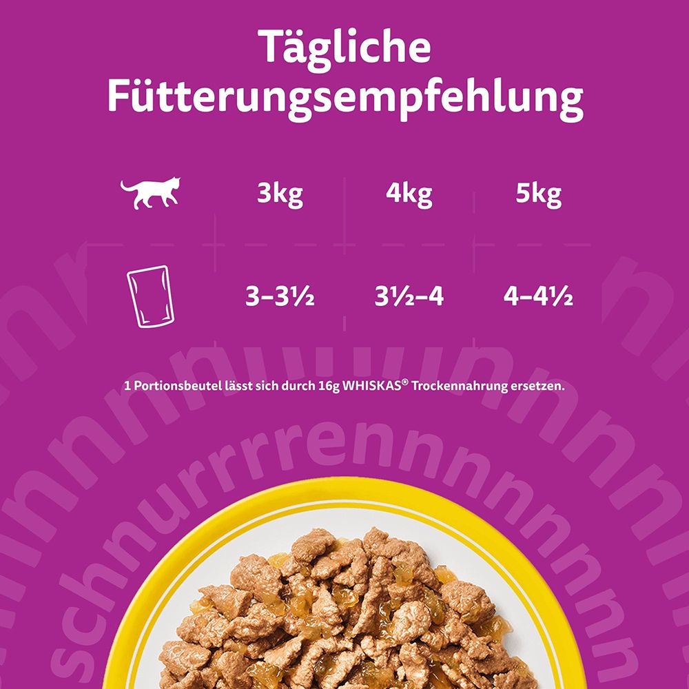 Fütterungsempfehlung für Whiskas Katzennahrung nach Gewicht: 3kg, 4kg, 5kg.