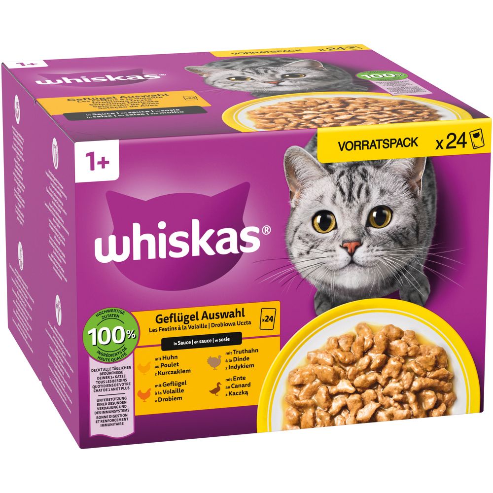Whiskas Geflügel Auswahl 1+ Vorratspackung mit 24 Beuteln. Die Verpackung zeigt eine Katze und eine Schale Nassfutter.