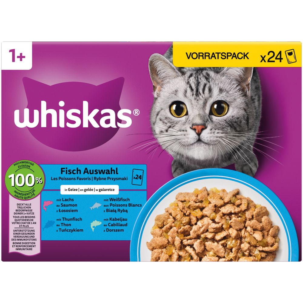 Whiskas Fisch Auswahl Vorratspackung mit 24 Beuteln, 1+ Jahre, mit Katze und Schale Futter.