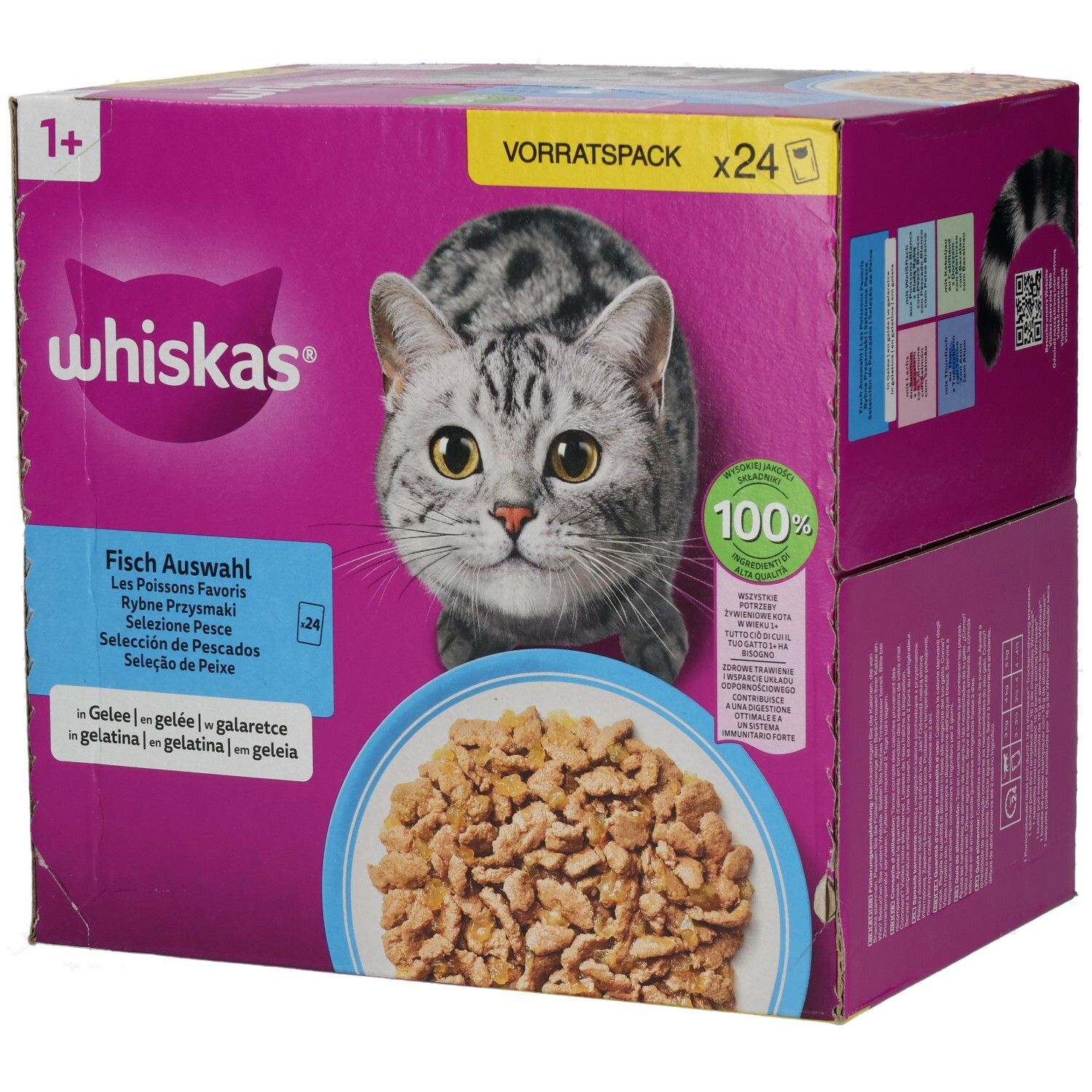 Whiskas Fisch Auswahl Vorratspackung mit 24 Beuteln, 1+ Jahre, mit Katze und Schale Futter.
