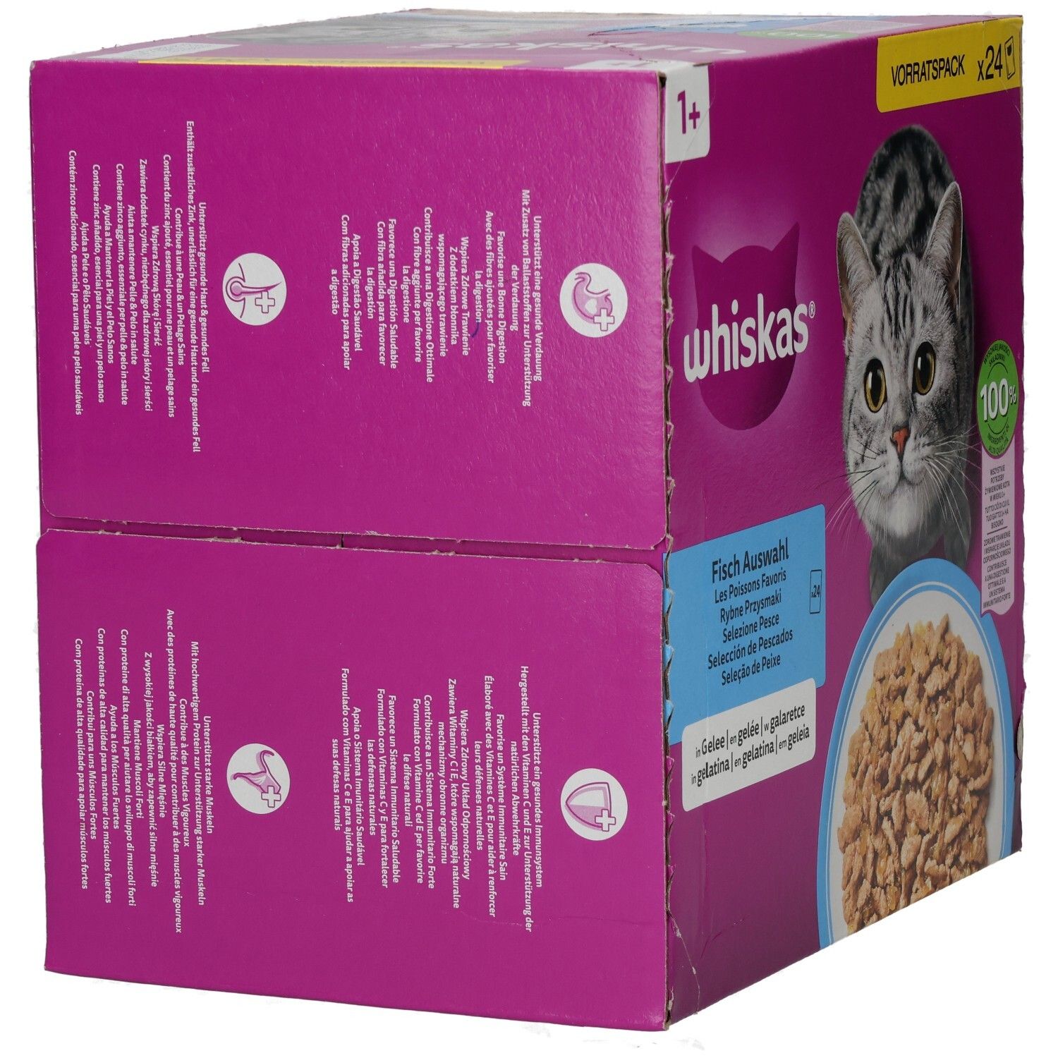 Whiskas Fisch Auswahl Vorratspackung mit 24 Beuteln, 1+ Jahre, mit Katze und Schale Futter.