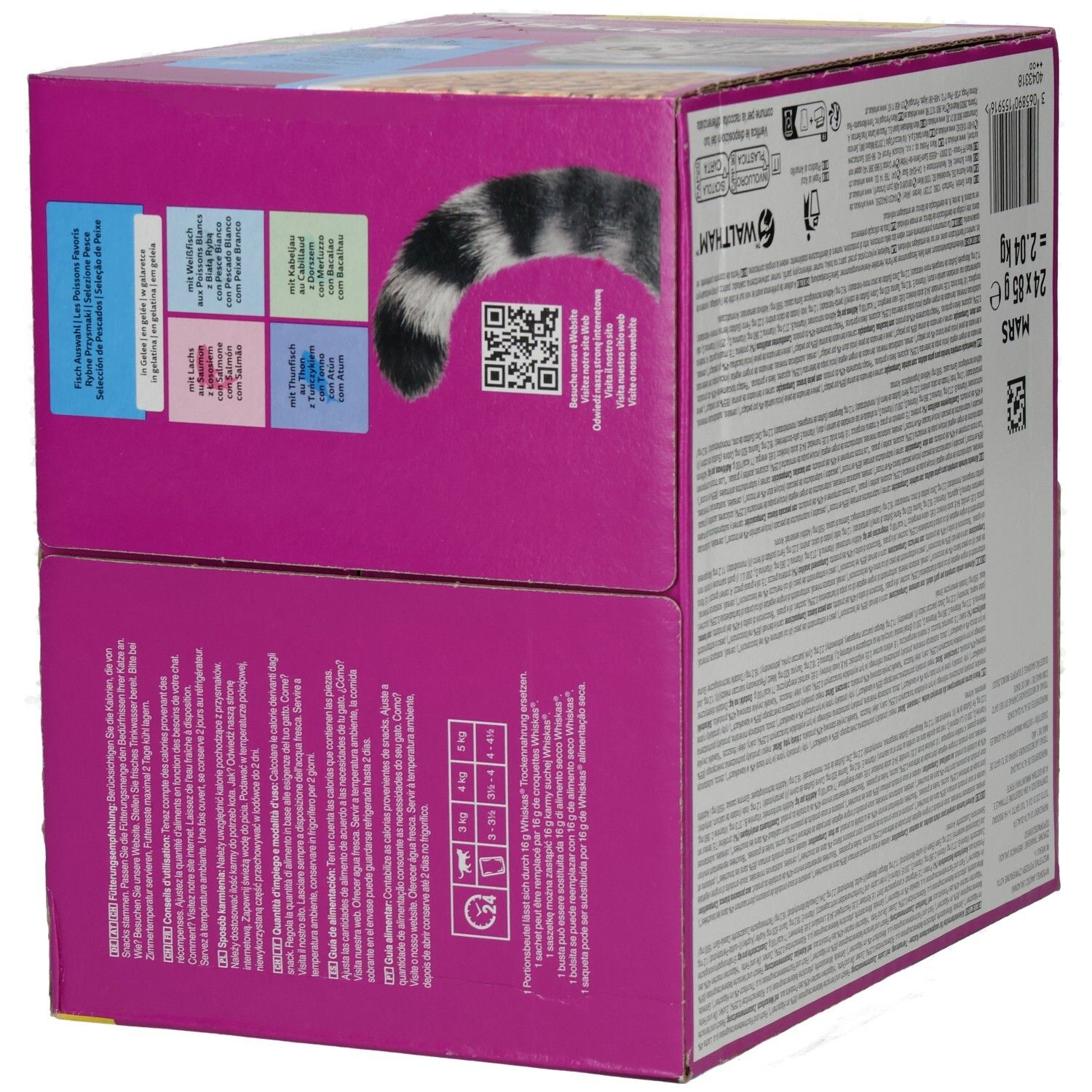 Whiskas Fisch Auswahl Vorratspackung mit 24 Beuteln, 1+ Jahre, mit Katze und Schale Futter.
