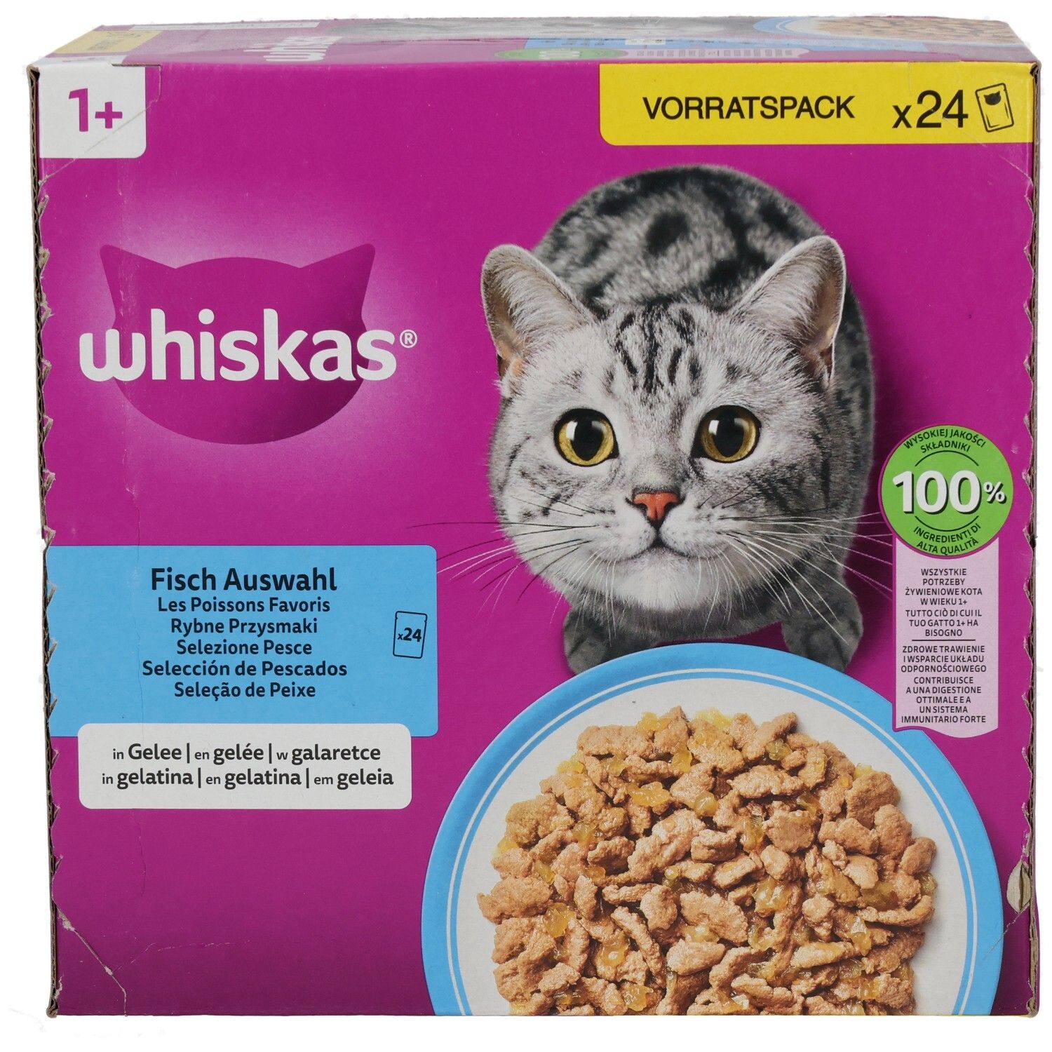 Whiskas Fisch Auswahl Vorratspackung mit 24 Beuteln, 1+ Jahre, mit Katze und Schale Futter.
