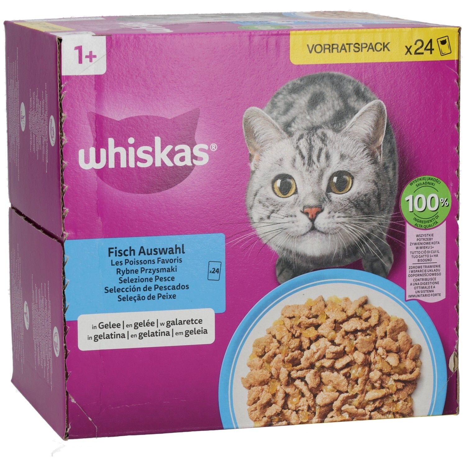 Whiskas Fisch Auswahl Vorratspackung mit 24 Beuteln, 1+ Jahre, mit Katze und Schale Futter.