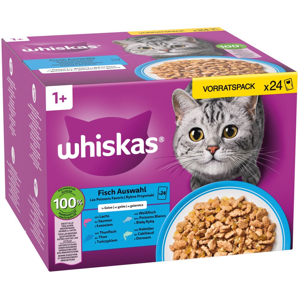 Whiskas Fisch Auswahl Vorratspackung mit 24 Beuteln, 1+ Jahre, mit Katze und Schale Futter.