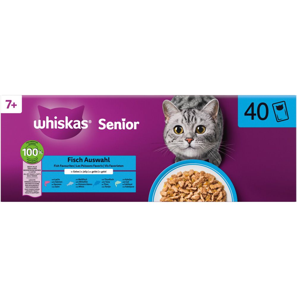 Whiskas Senior 7+ Fisch Auswahl 40er Packung mit Katzengesicht und Futterschüssel.