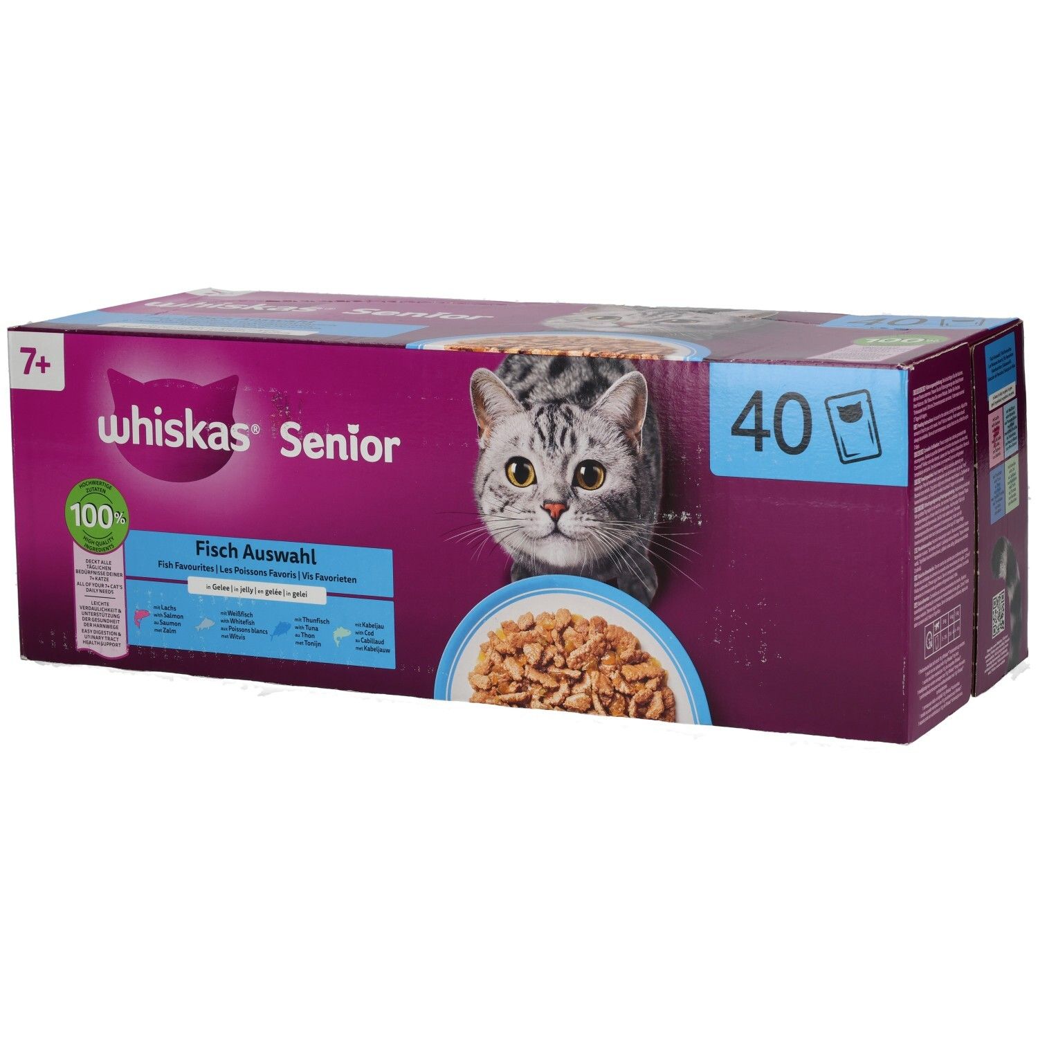 Vorderseite der Whiskas Senior 7+ Fisch Auswahl 40er Packung mit Katzengesicht.