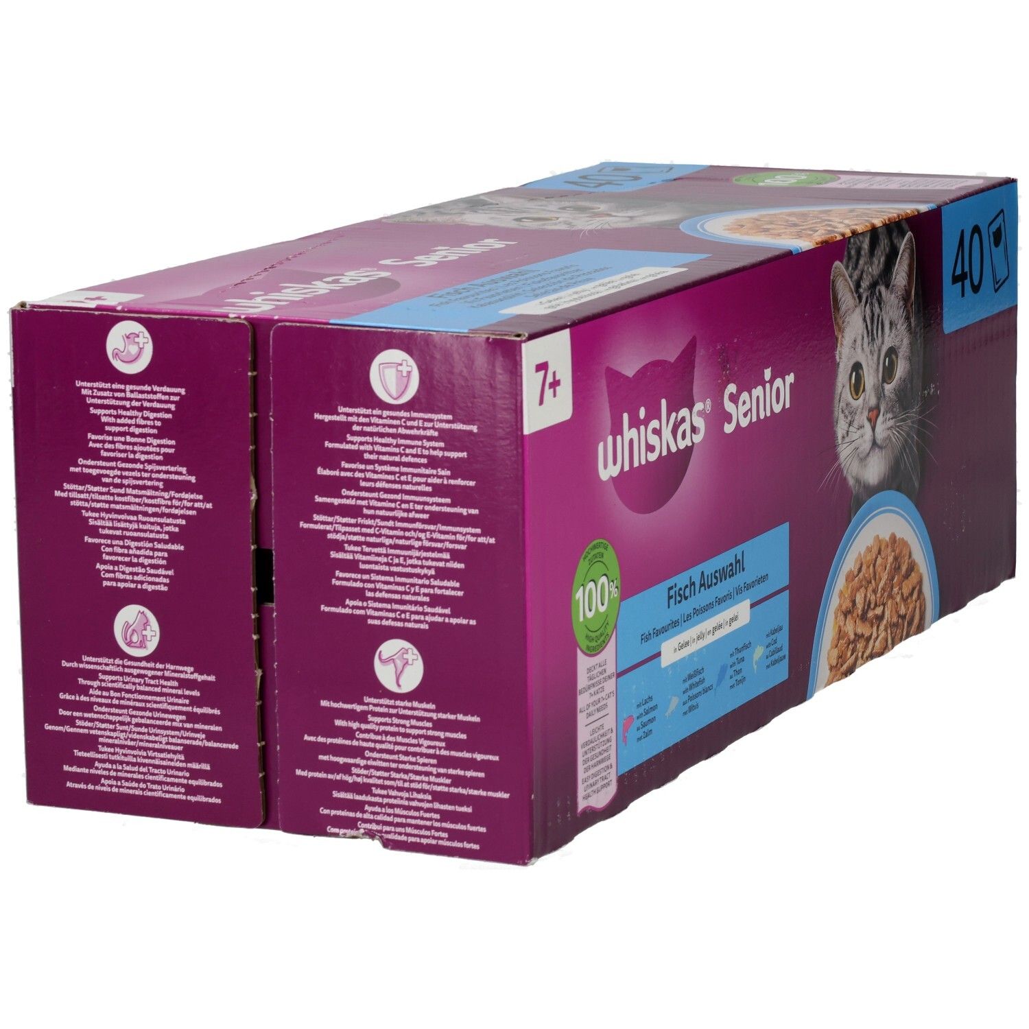 Whiskas Senior 7+ Fisch Auswahl 40er Packung, schräg von vorne, Seitenansicht.