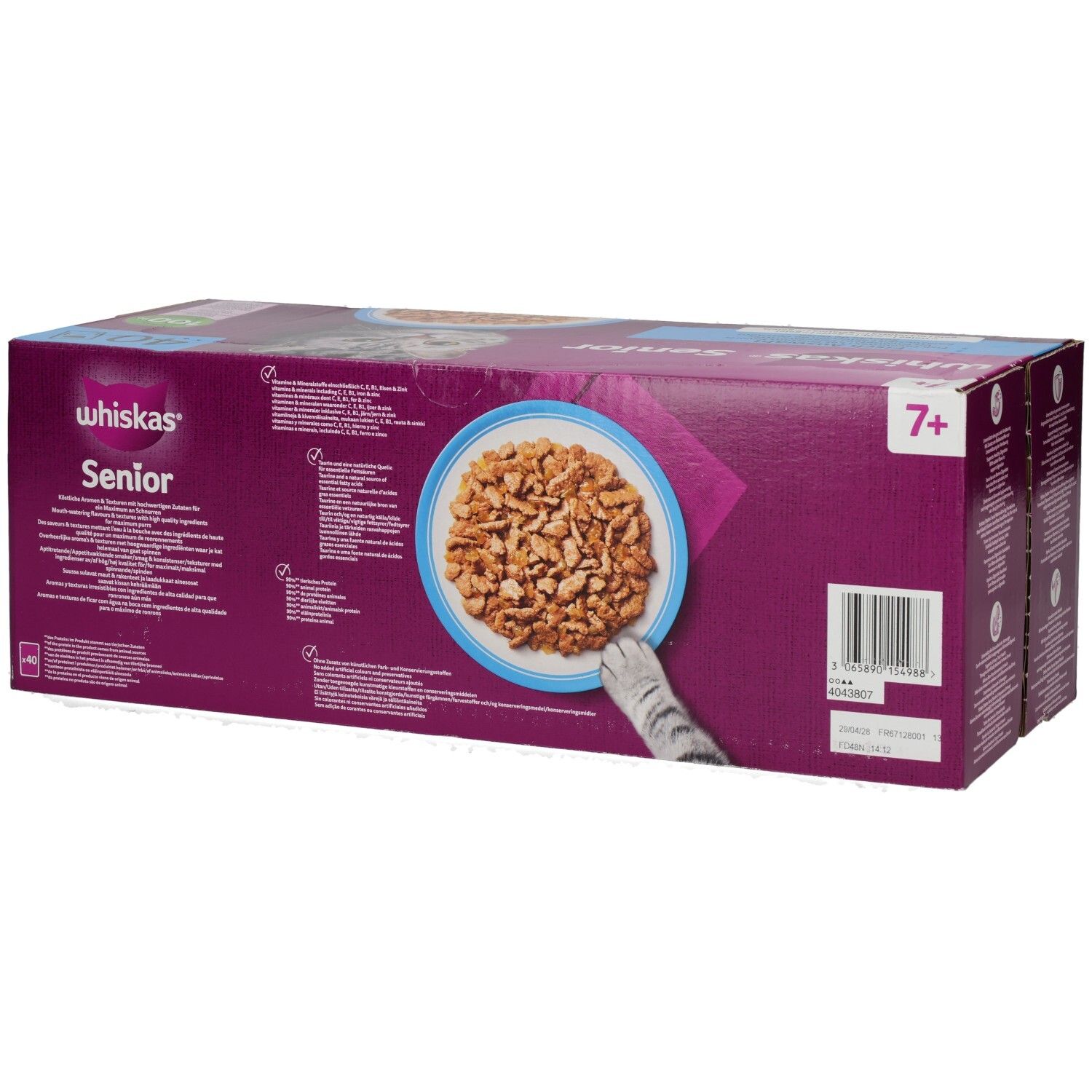 Rückseite der Whiskas Senior 7+ Fisch Auswahl 40er Packung mit Fütterungshinweisen.