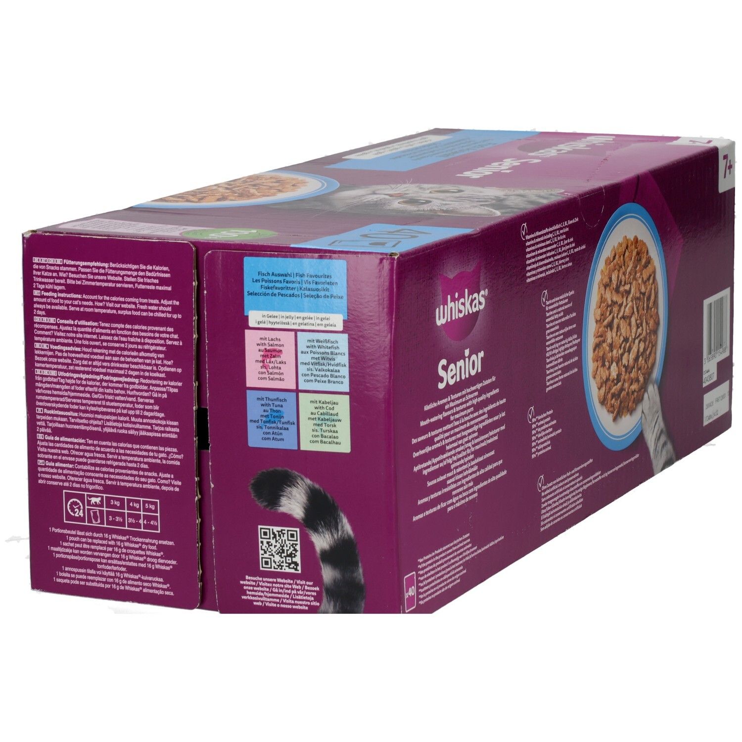 Seitenansicht der Whiskas Senior 7+ Fisch Auswahl 40er Packung mit Futterbild.