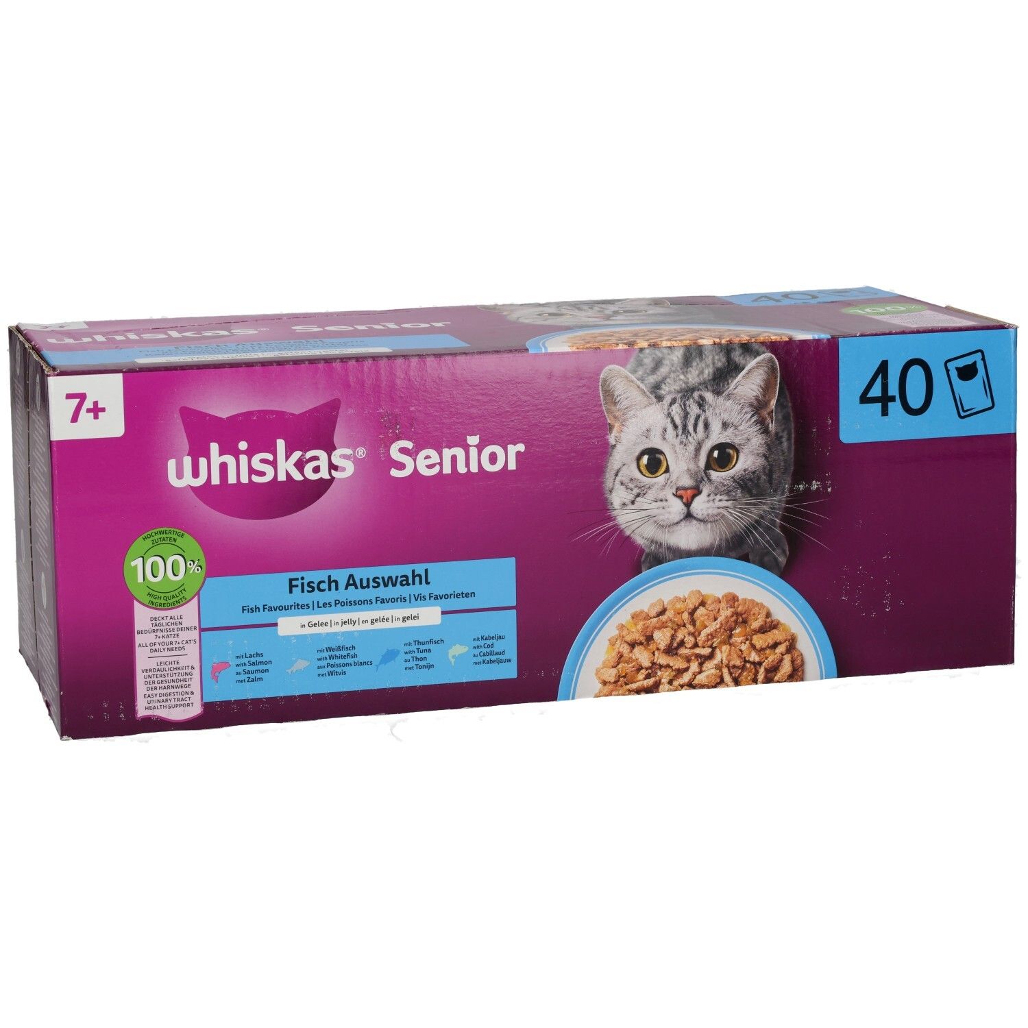 Whiskas Senior 7+ Fisch Auswahl 40er Packung, schräg von vorne.