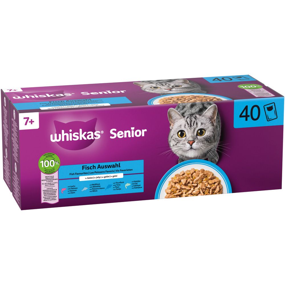 Whiskas Senior 7+ Fisch Auswahl 40er Packung, schräg von vorne mit Katzengesicht.