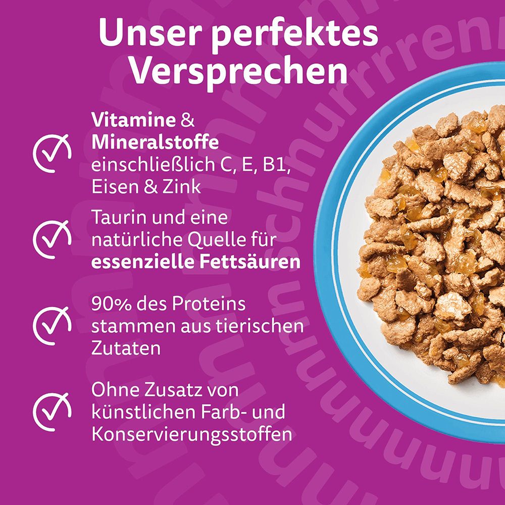 Whiskas Senior: Vitamine, Mineralstoffe, Taurin, Fettsäuren, 90% Protein, ohne Zusatzstoffe.
