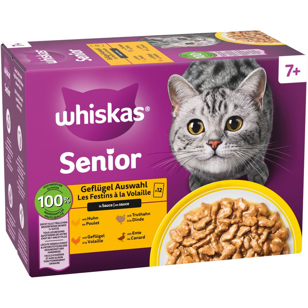 Whiskas Senior Geflügel Auswahl 12x85g Packung mit Katzengesicht und Schale Futter.