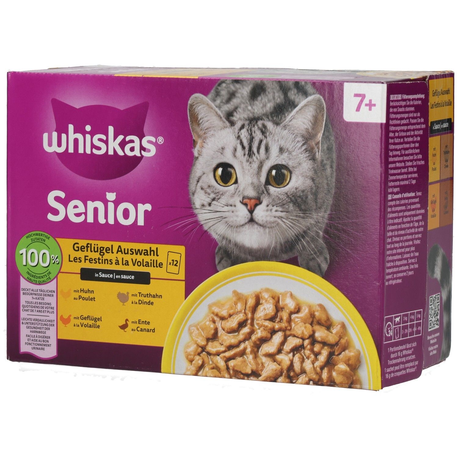 Whiskas Senior Geflügel Auswahl 12x85g Packung mit Katzengesicht und Schale Futter.