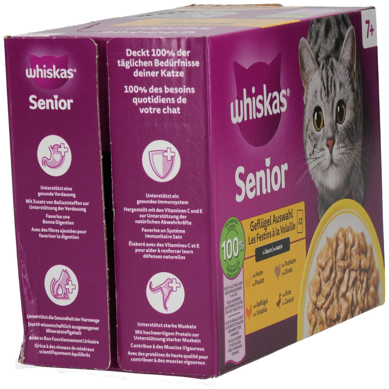 Whiskas Senior Geflügel Auswahl 12x85g Packung mit Katzengesicht und Schale Futter.