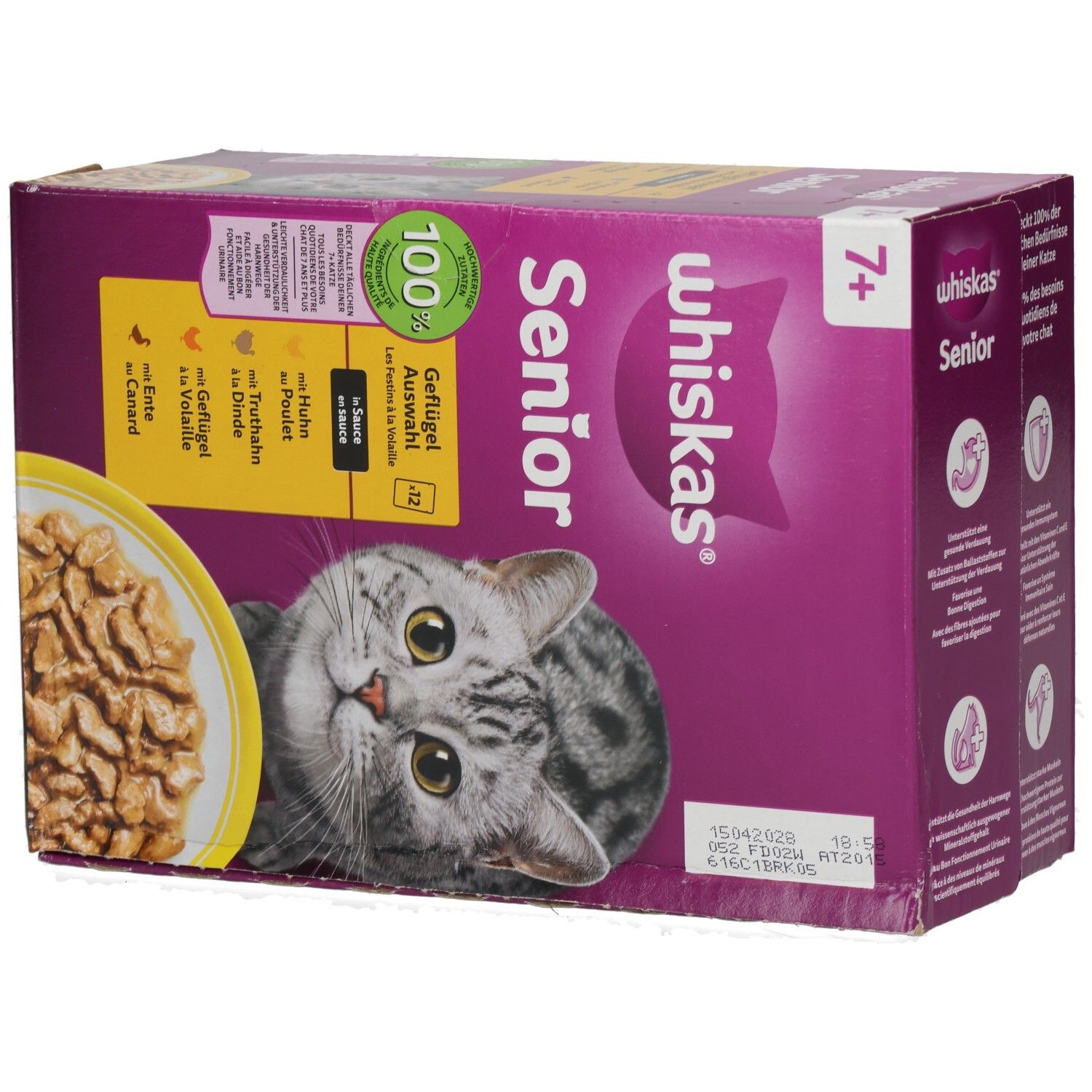 Whiskas Senior Geflügel Auswahl 12x85g Packung mit Katzengesicht und Schale Futter.
