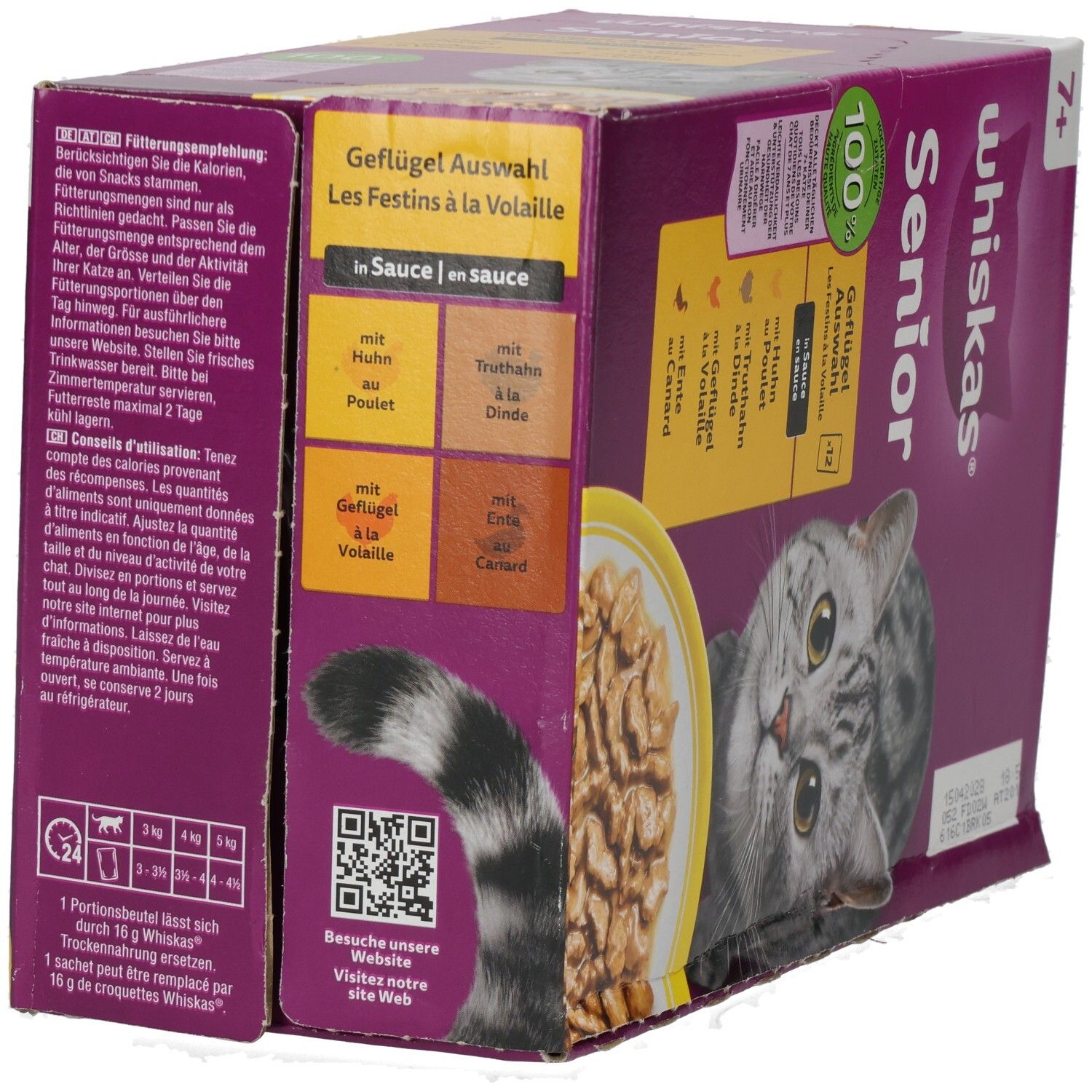 Whiskas Senior Geflügel Auswahl 12x85g Packung mit Katzengesicht und Schale Futter.