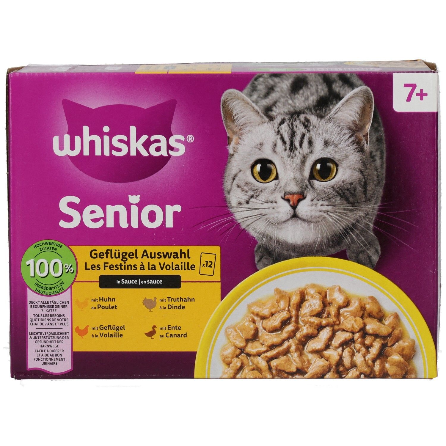 Whiskas Senior Geflügel Auswahl 12x85g Packung mit Katzengesicht und Schale Futter.
