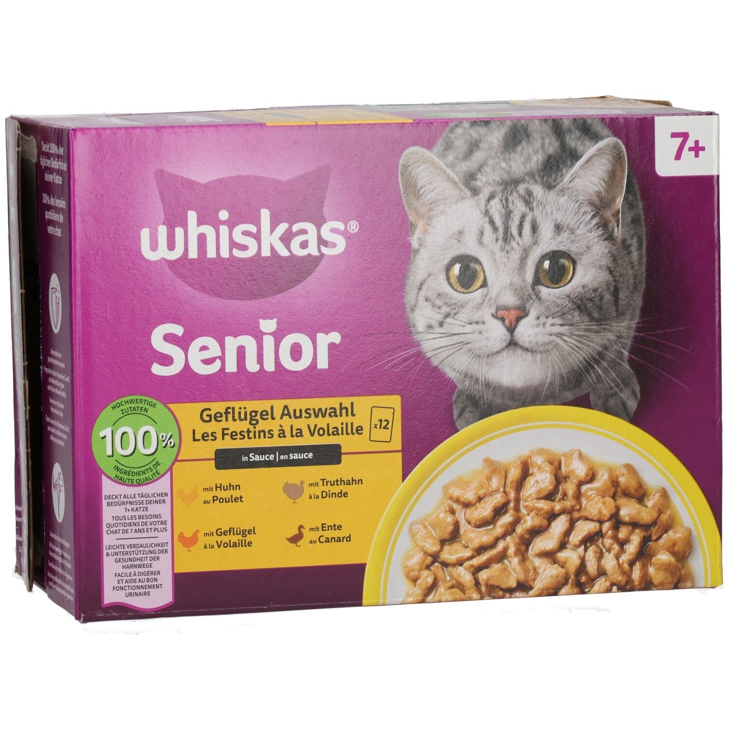Whiskas Senior Geflügel Auswahl 12x85g Packung mit Katzengesicht und Schale Futter.