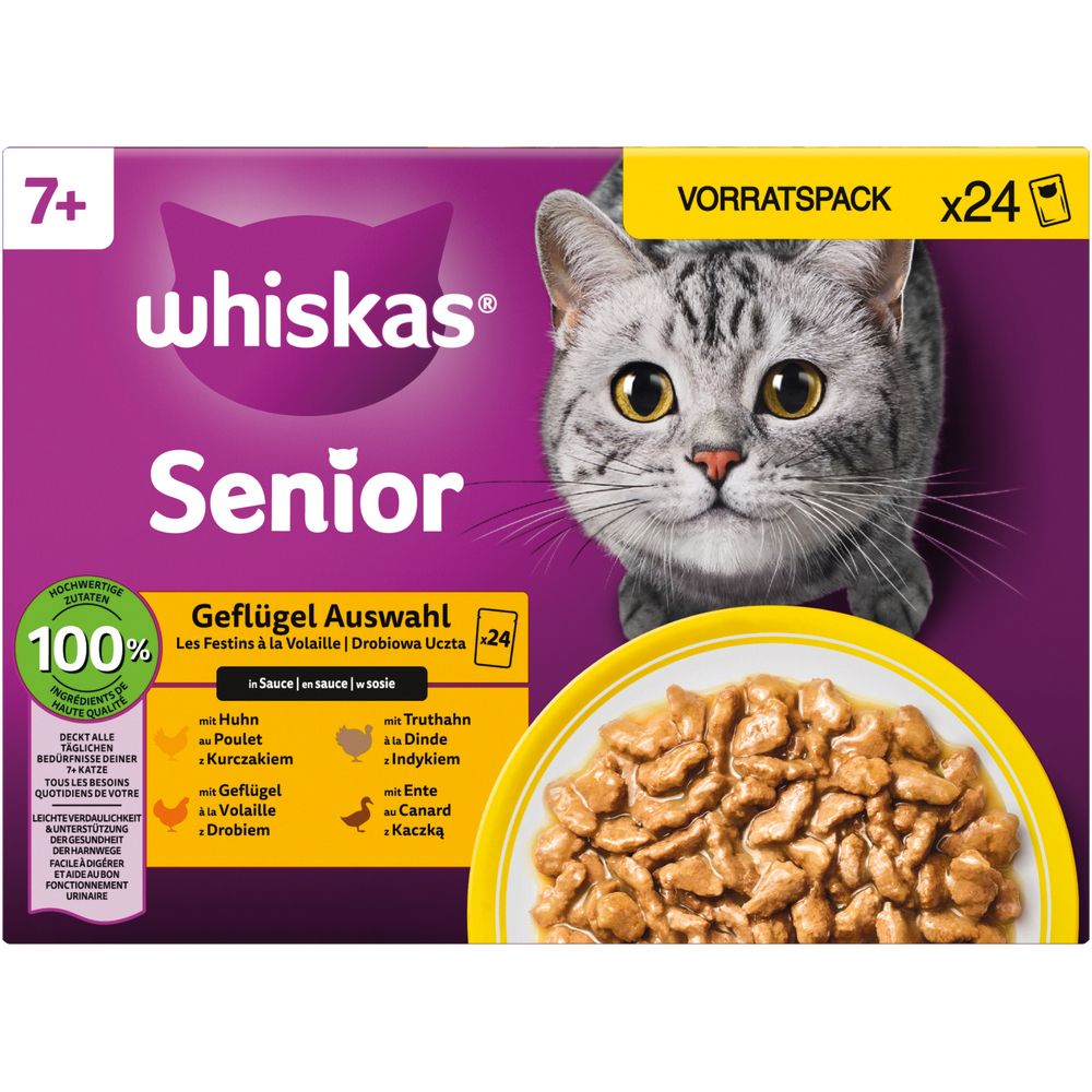 Whiskas Senior Geflügel Auswahl 24x85g Vorratspackung mit Katze und Futterschale.