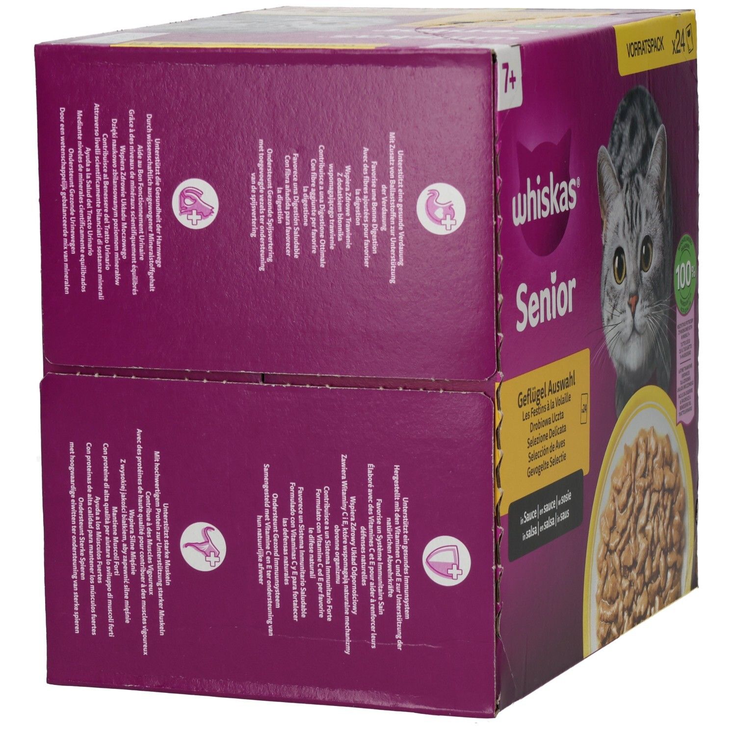Whiskas Senior Geflügel Auswahl 24x85g Vorratspackung, Seitenansicht.