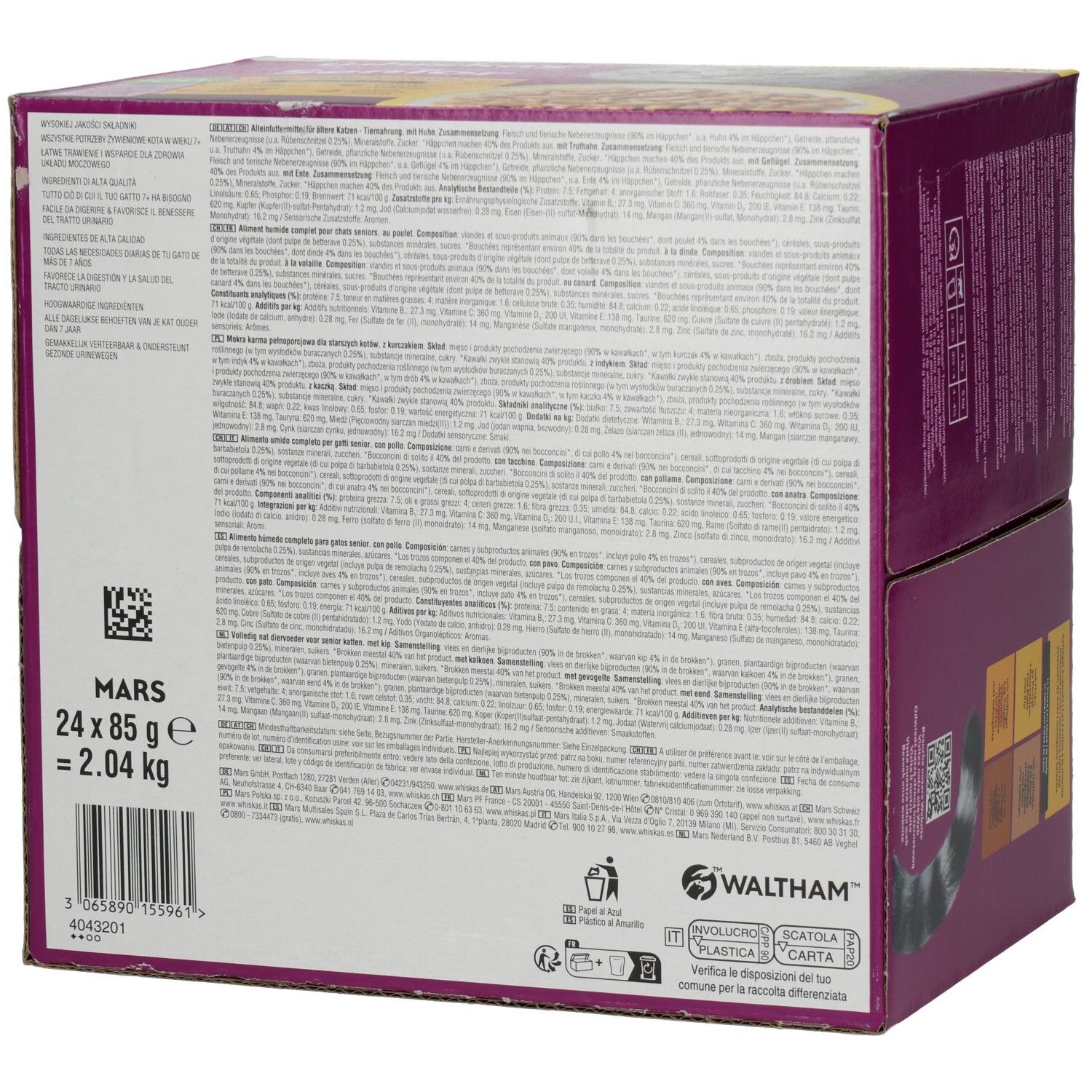 Rückseite Whiskas Senior Geflügel Auswahl 24x85g Vorratspackung mit Nährwertangaben.