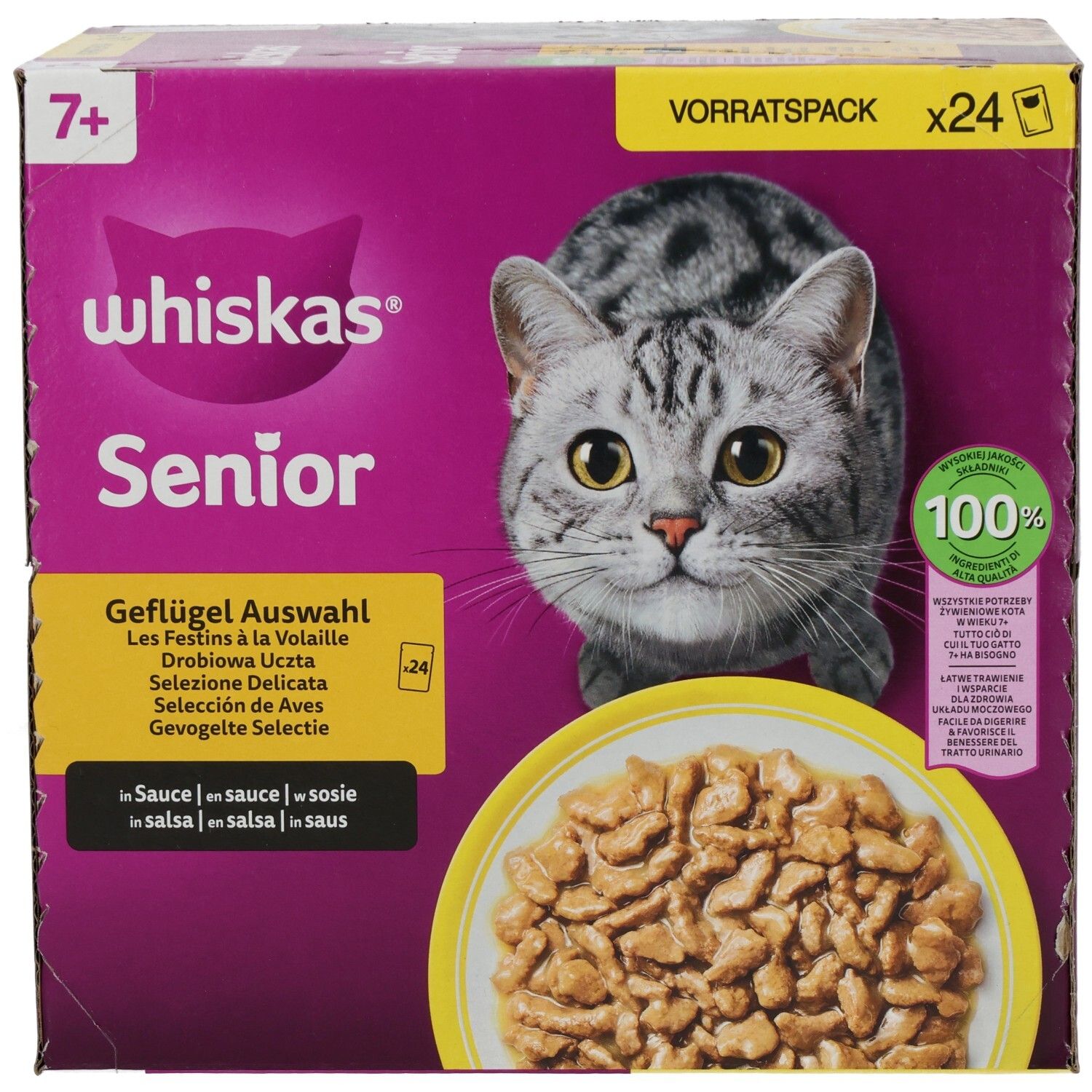 Whiskas Senior Geflügel Auswahl 24x85g Vorratspackung, Vorderseite mit Katze und Futterschale.