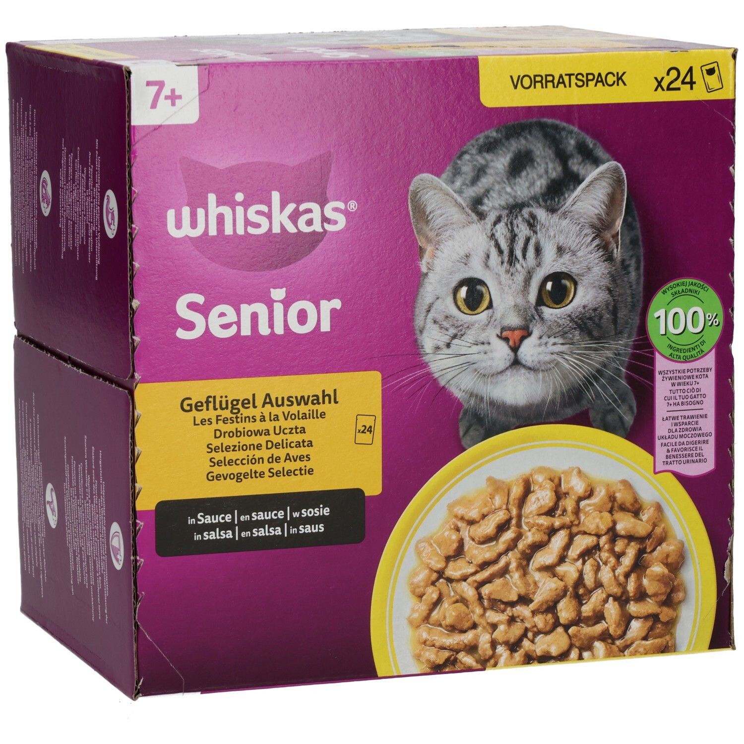 Whiskas Senior Geflügel Auswahl 24x85g Vorratspackung, schräg von vorne, gestapelt.