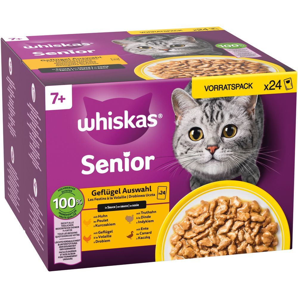 Whiskas Senior Geflügel Auswahl 24x85g Vorratspackung, schräg von vorne.