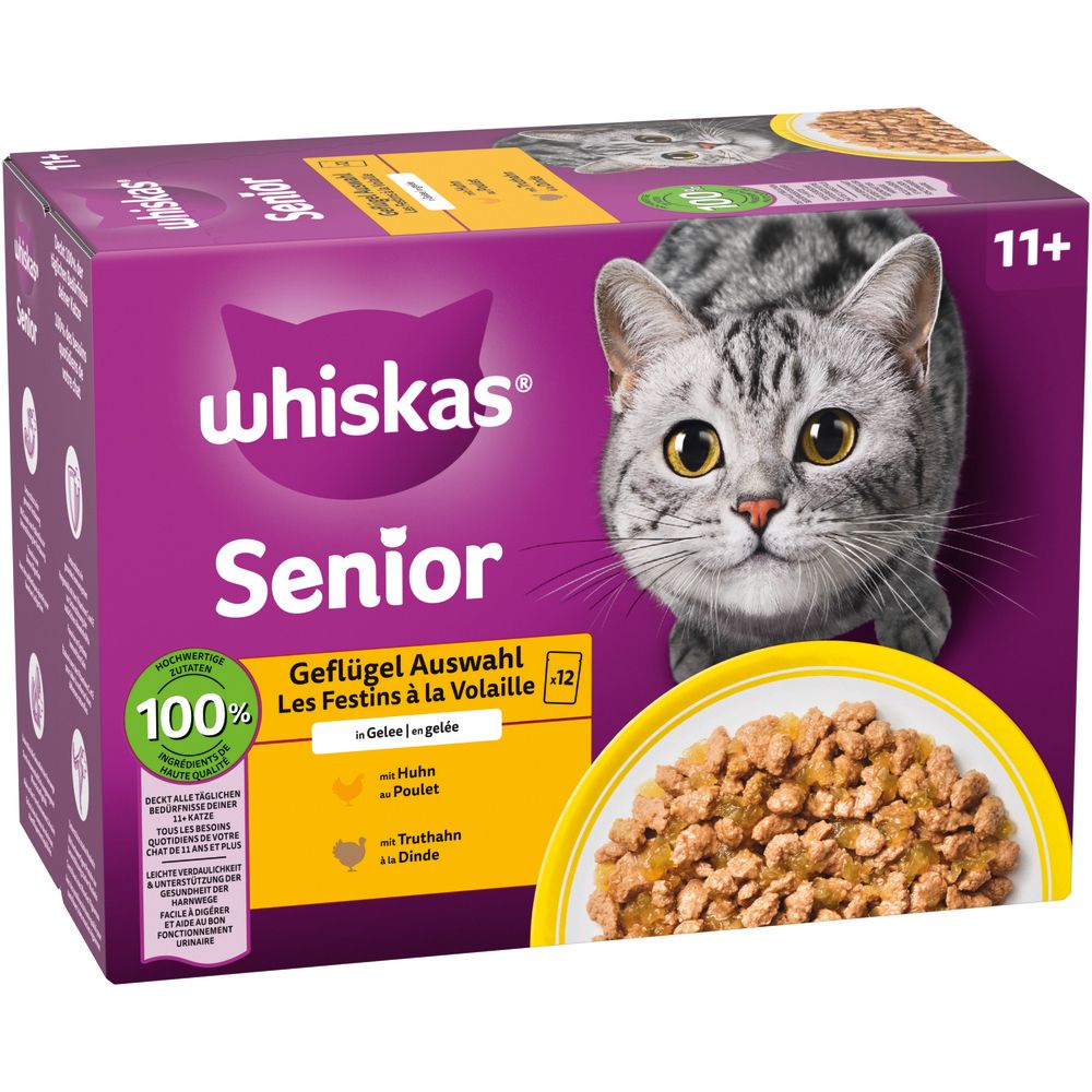 Whiskas Senior Geflügel Auswahl in Gelee, 12x85g Packung aus seitlicher Perspektive mit Katzengesicht.