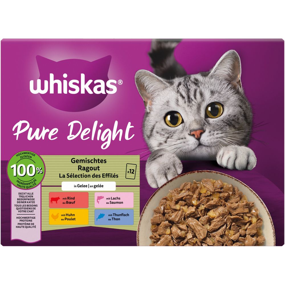 Whiskas Pure Delight Katzennahrung: 12 Beutel Ragout in Gelee, gemischte Sorten.