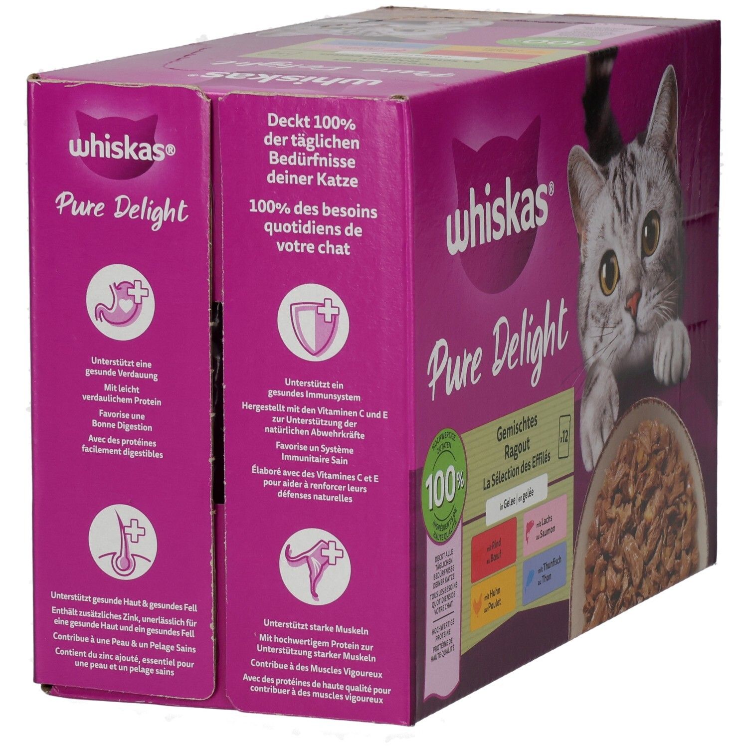 Whiskas Pure Delight Katzennahrung: 12 Beutel Ragout in Gelee, gemischte Sorten.