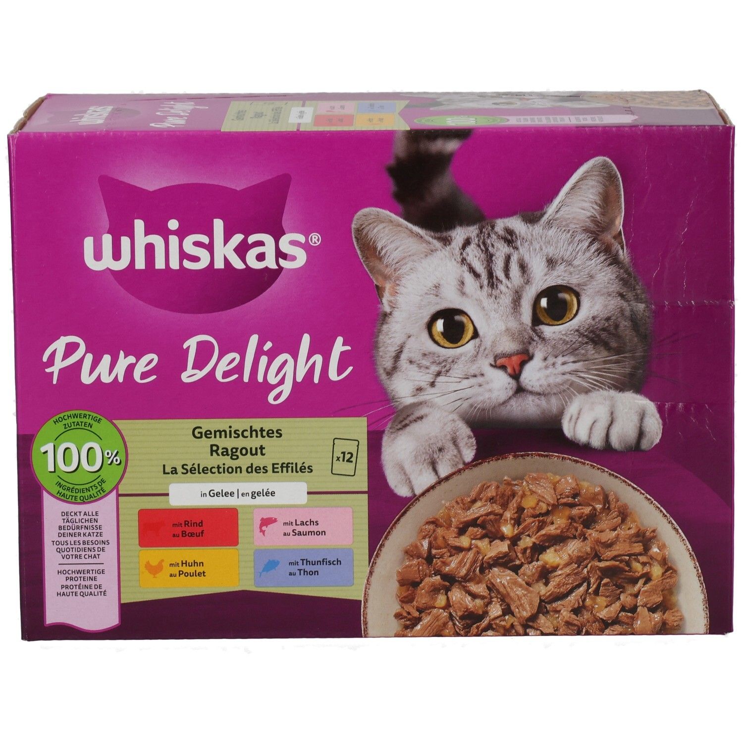 Whiskas Pure Delight Katzennahrung: 12 Beutel Ragout in Gelee, gemischte Sorten.