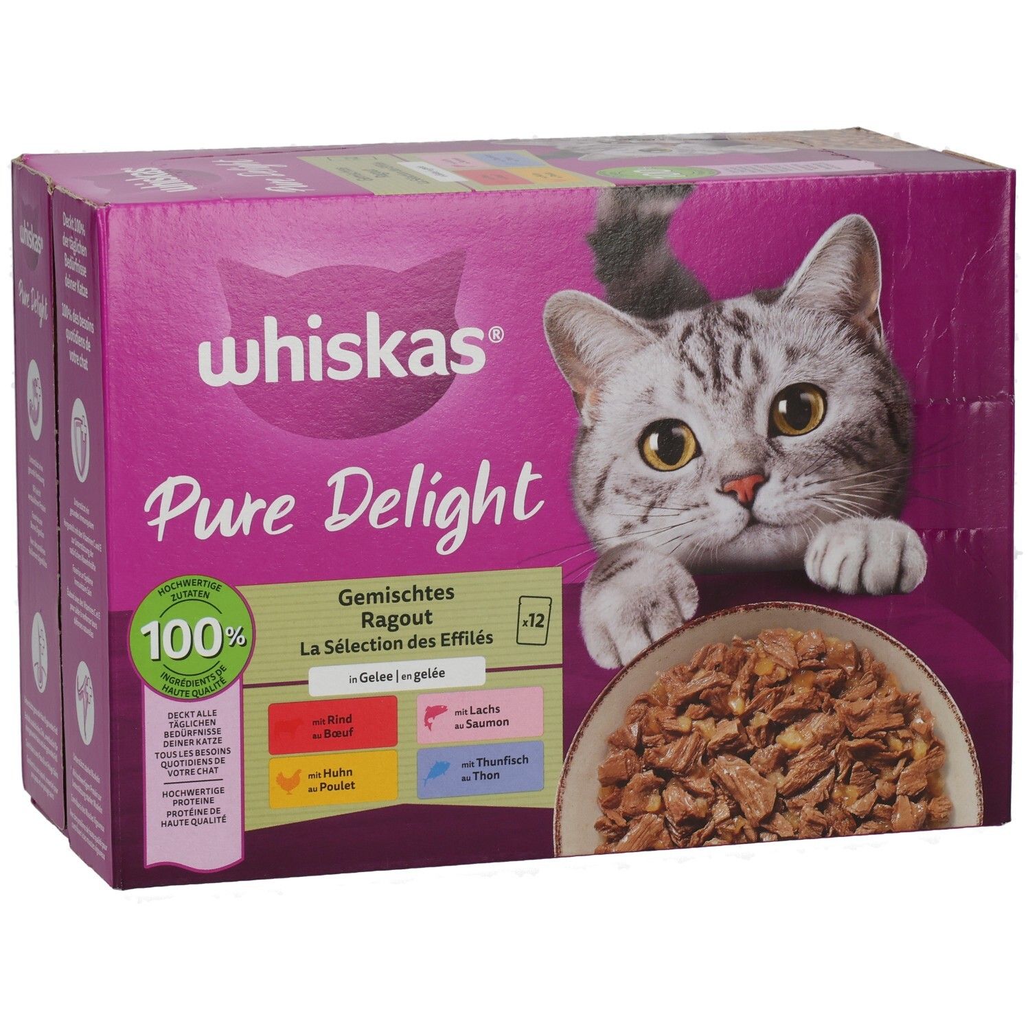 Whiskas Pure Delight Katzennahrung: 12 Beutel Ragout in Gelee, gemischte Sorten.