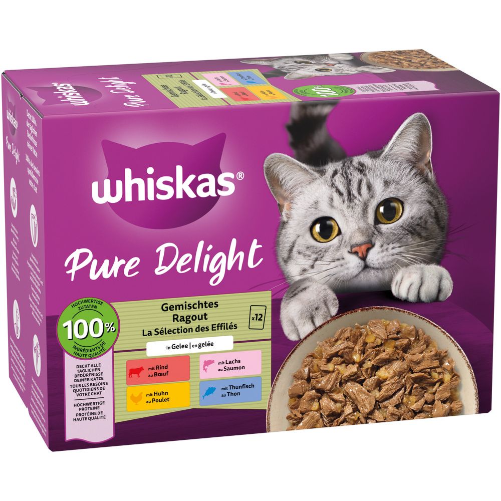 Whiskas Pure Delight Katzennahrung: 12 Beutel Ragout in Gelee, gemischte Sorten.