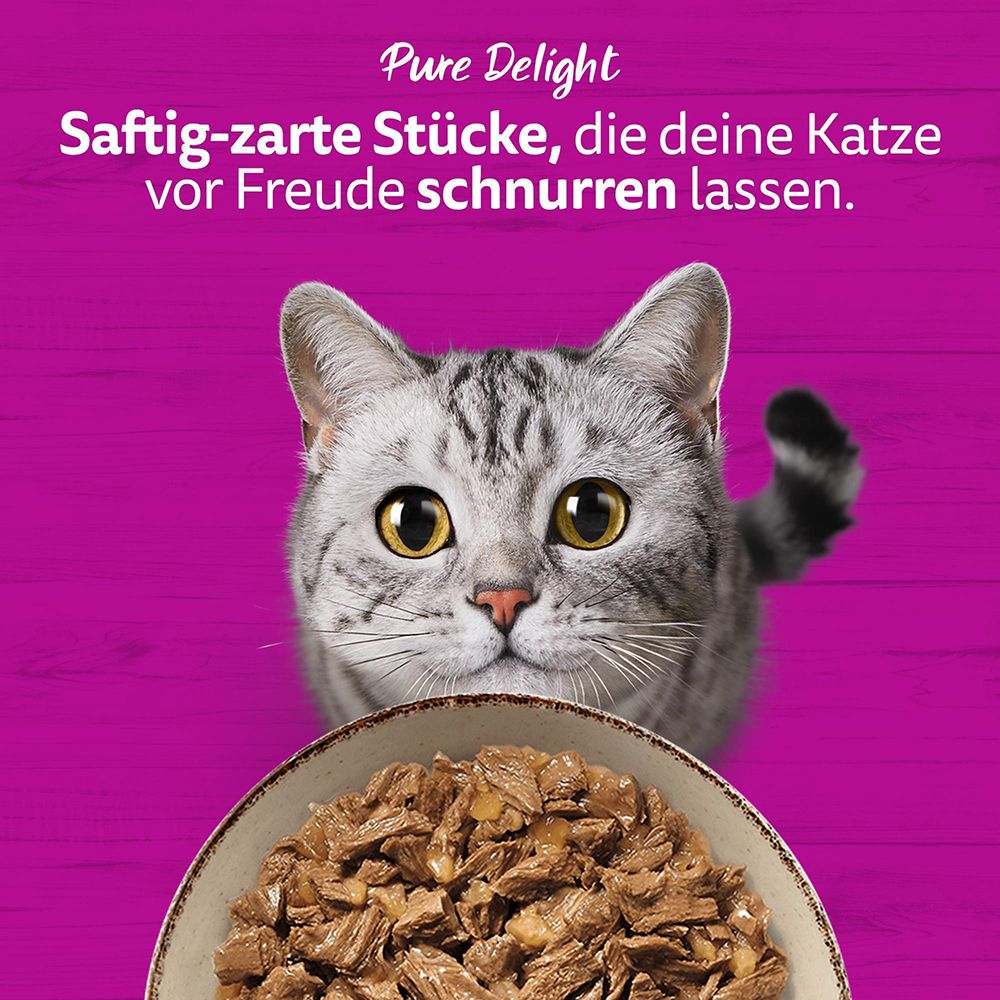 Whiskas Pure Delight: Saftig-zarte Stücke, die Ihre Katze vor Freude schnurren lassen.