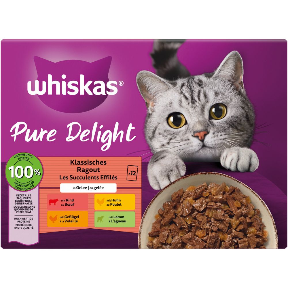 Whiskas Pure Delight 12er Packung mit klassischem Ragout in Gelee, mit Katze und Futterschale.