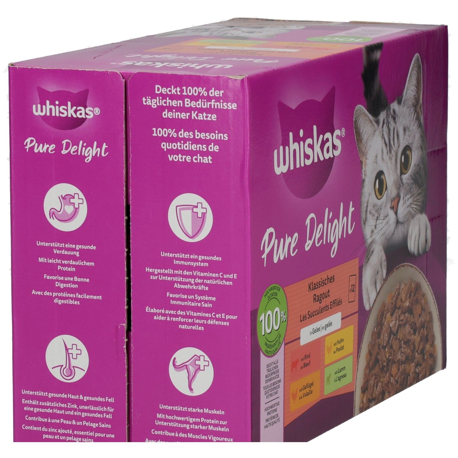 Whiskas Pure Delight 12er Packung, Ansicht von vorne rechts, mit Katze und Futterschale.
