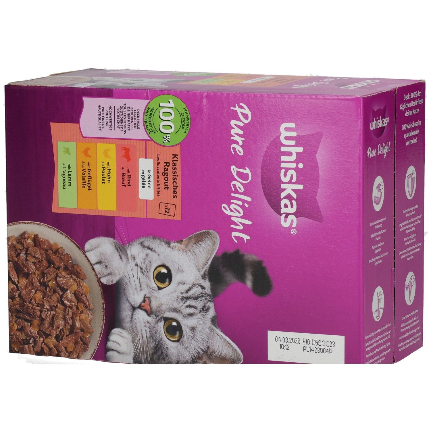 Whiskas Pure Delight 12er Packung, Seitenansicht links, mit Informationen zur Verdauung und Haut/Fell.