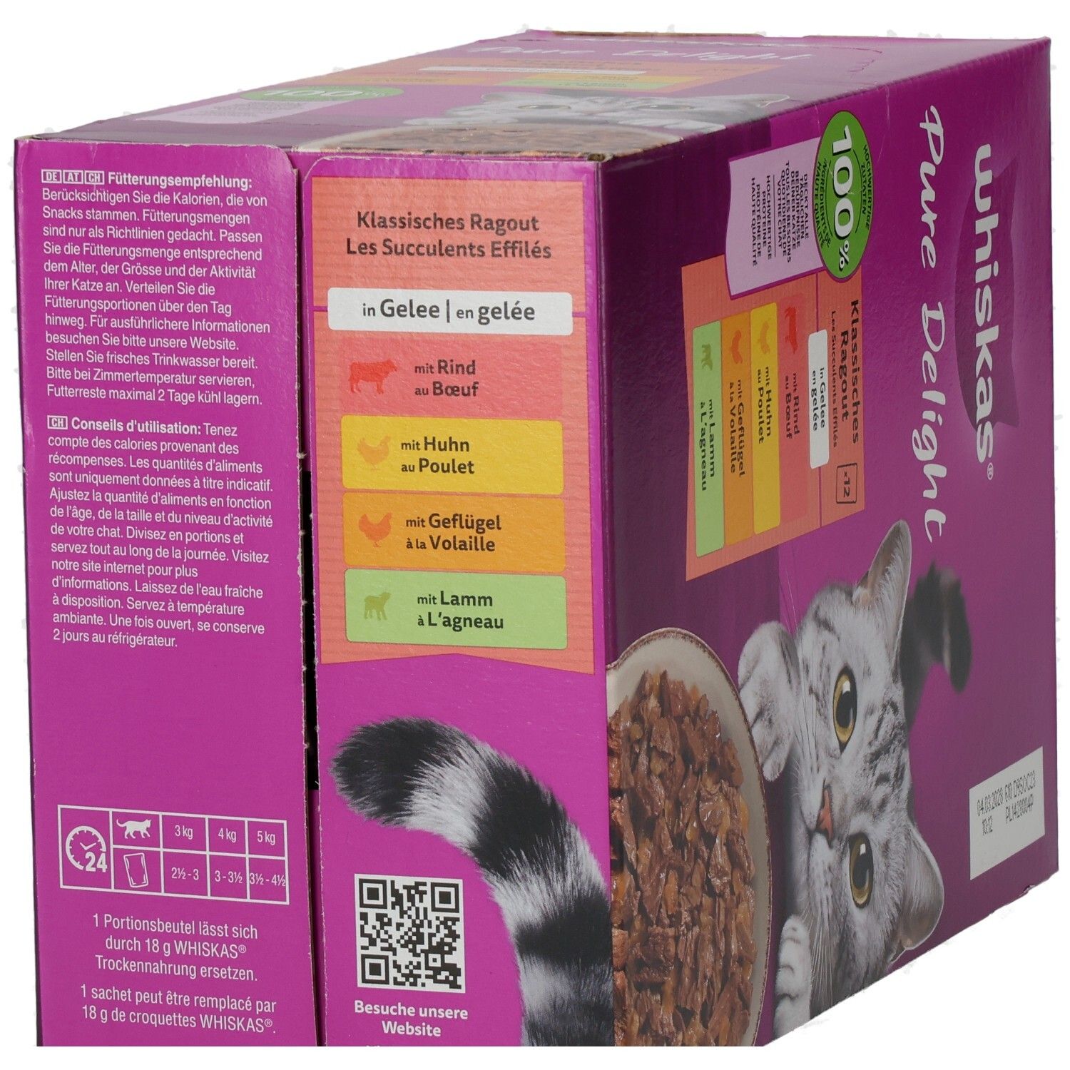 Whiskas Pure Delight 12er Packung, Ansicht von vorne, mit Katze und Futterschale.