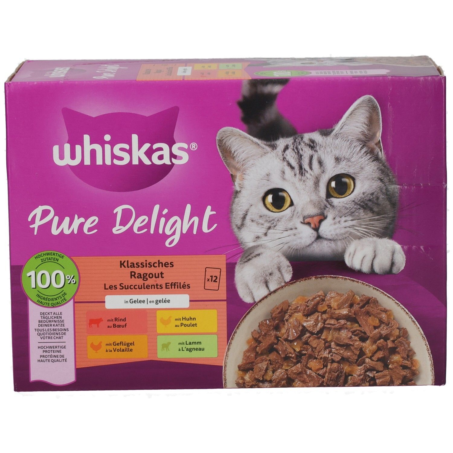 Whiskas Pure Delight 12er Packung, Ansicht von vorne rechts, mit Katze und Futterschale.
