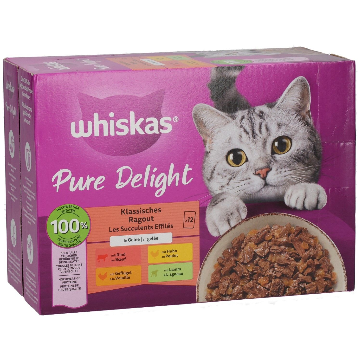 Whiskas Pure Delight 12er Packung, Ansicht von vorne, mit Katze und Futterschale.