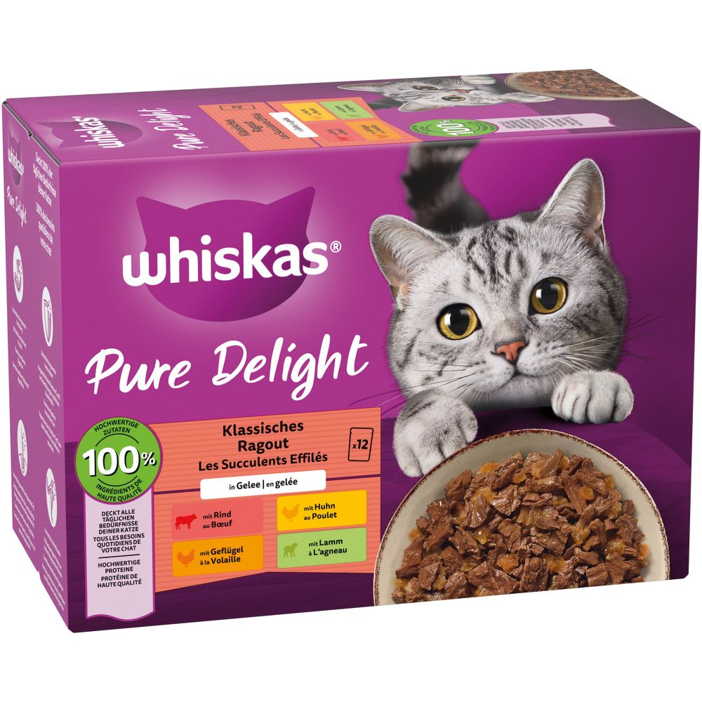 Whiskas Pure Delight 12er Packung, Ansicht von vorne links, mit Katze und Futterschale.