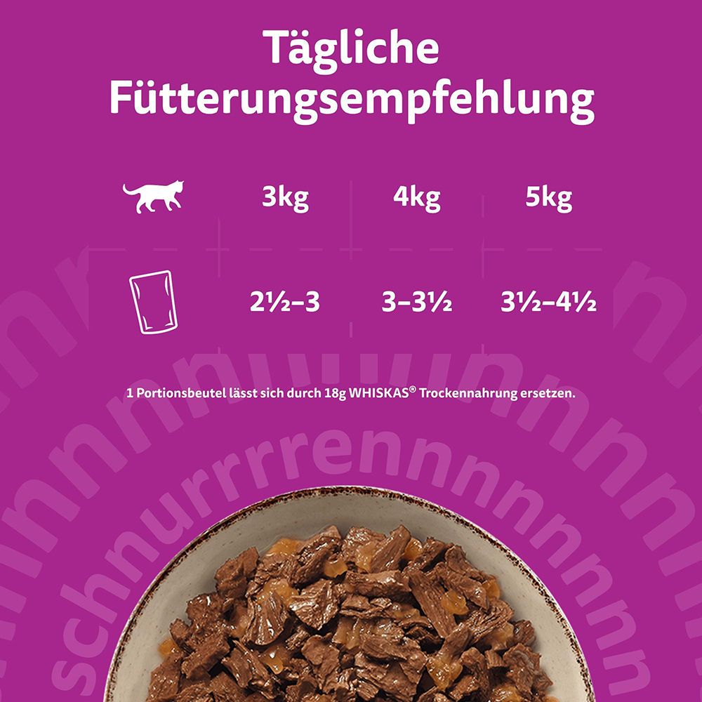 Whiskas Pure Delight: Tägliche Fütterungsempfehlung für Katzen von 3kg, 4kg und 5kg.