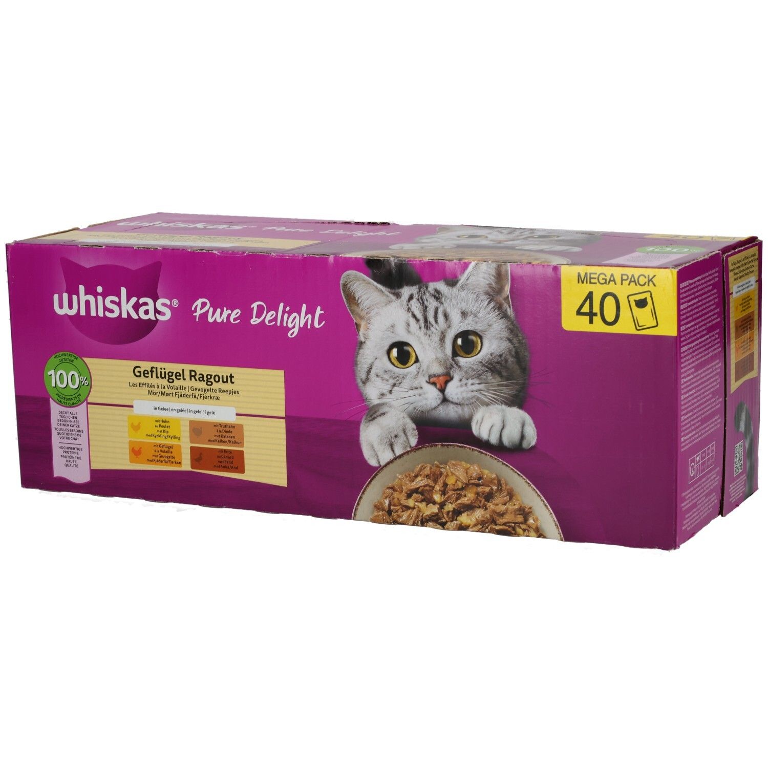 Whiskas Pure Delight Geflügel Ragout 40er Packung, schräg von vorne mit Katze und Futterschüssel.
