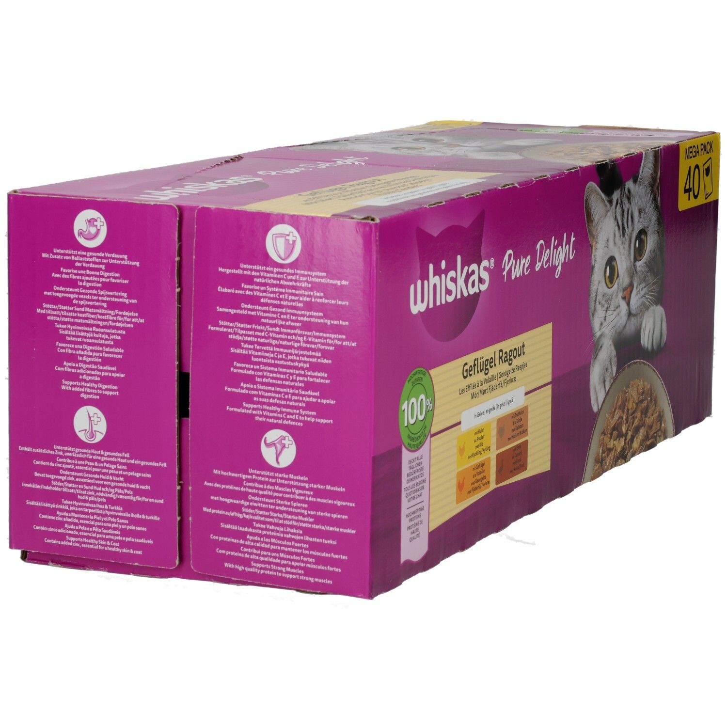 Whiskas Pure Delight Geflügel Ragout 40er Packung, Seitenansicht mit Textinformationen.