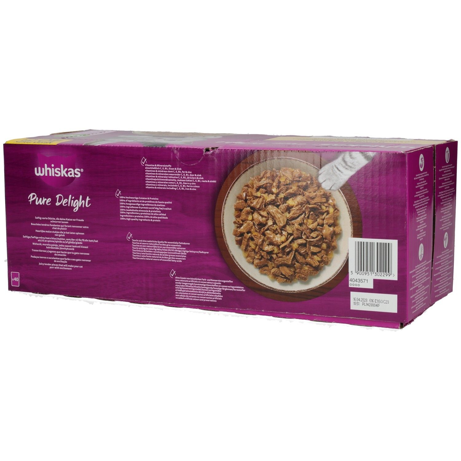 Whiskas Pure Delight Geflügel Ragout 40er Packung, Rückansicht mit Futterschüssel und Barcode.