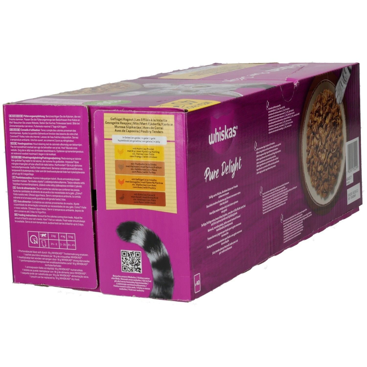 Whiskas Pure Delight Geflügel Ragout 40er Packung, schräg von hinten mit Futterschüssel und Barcode.