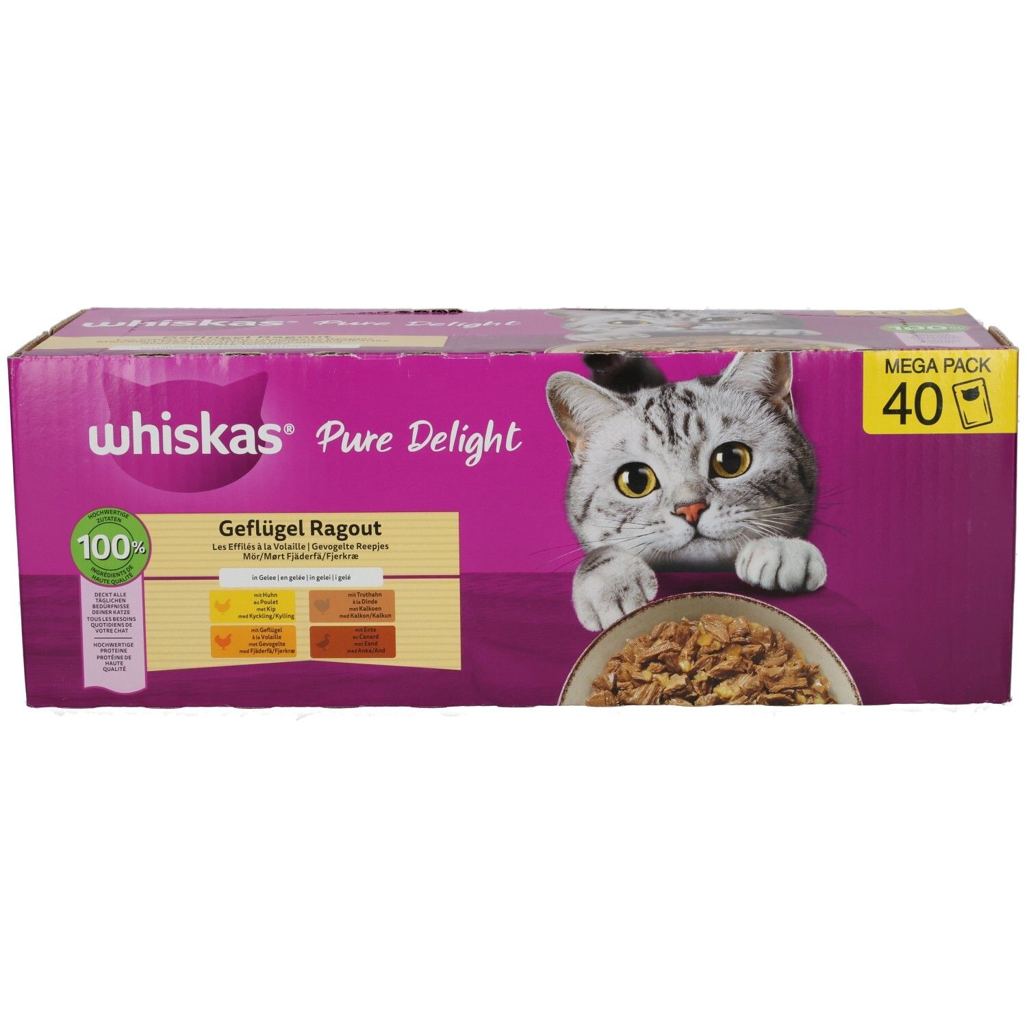 Whiskas Pure Delight Geflügel Ragout 40er Packung, schräg von vorne mit Katze und Futterschüssel.